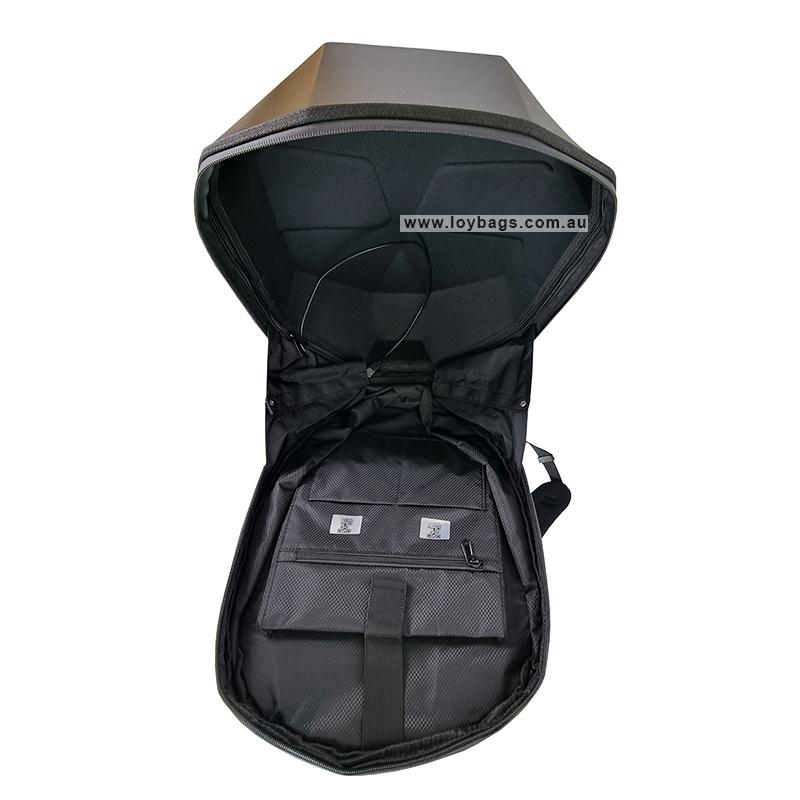 Loy Bags Knight LED backpack bag with LED eyes above view opened to show inside high quality zipper and material
