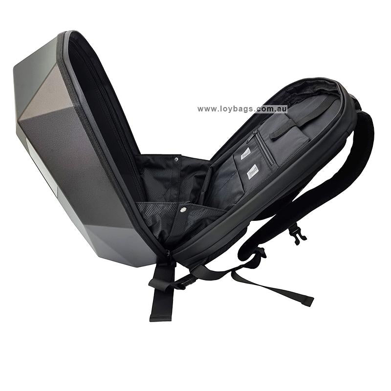 Loy Bags Knight LED backpack bag with LED eyes side view opened to show inside high quality zipper and material